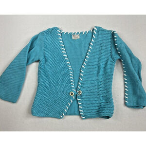 Rico Hand Knits Sweater Women Size S Blue white trim cottagecore Whimsy